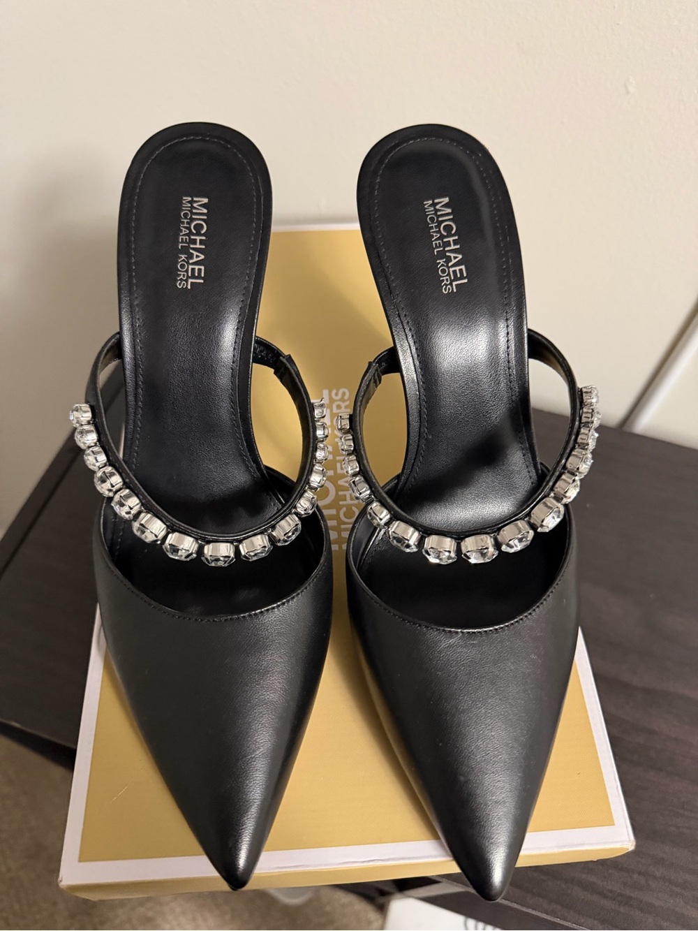 Michael Kors Black Pointed Leather Gem-Embellished Mules